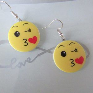 Upcycled KISS Emoji Button Round Happy Kiss Face Plastic Dangle Earring